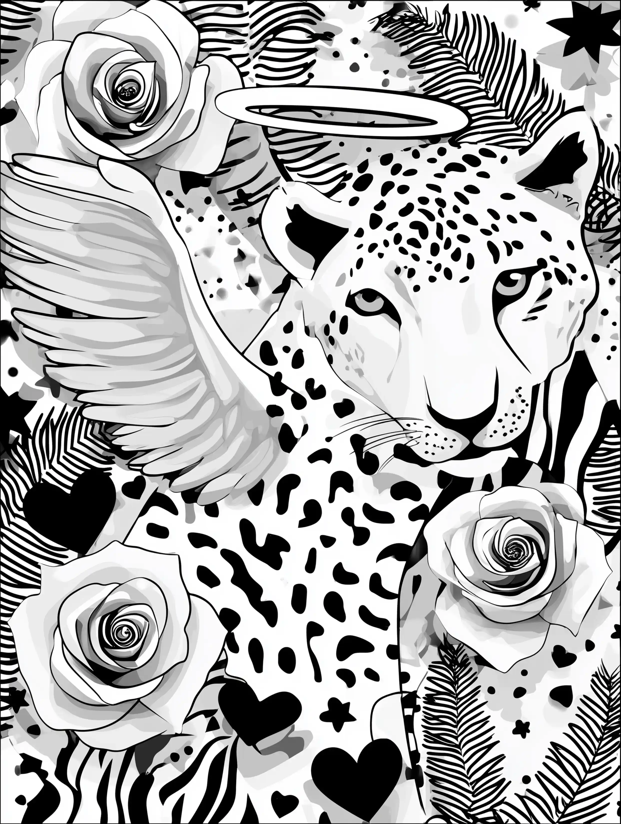 Free cheetah printable coloring page featuring a cheetah with a halo and angel theme